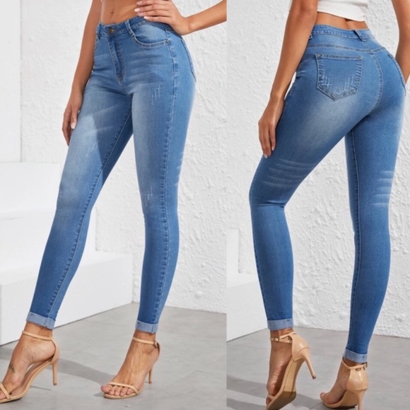 medium wash stonewash faded cuffed skinny jeans - Picture 7 of 7